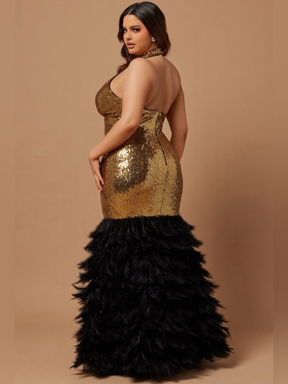 Gold Sequin Dress with Black Feathers SOLD OUT - Picture 3 of 10